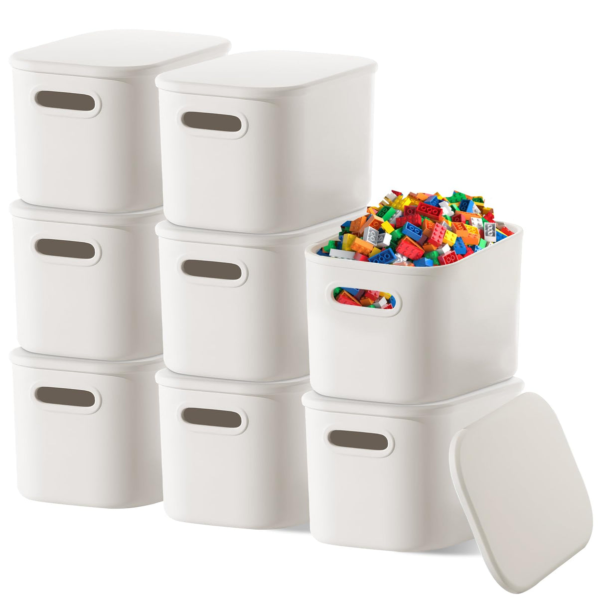 KisSealed 8 Pack White Storage Bins With Lids, Stackable Plastic Organizers