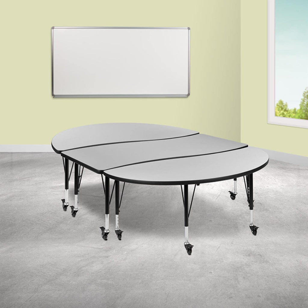 Flash Furniture Emmy 3 Piece Mobile 86" Oval Wave Flexible Grey Thermal Laminate Activity Table Set - Height Adjustable Short Legs