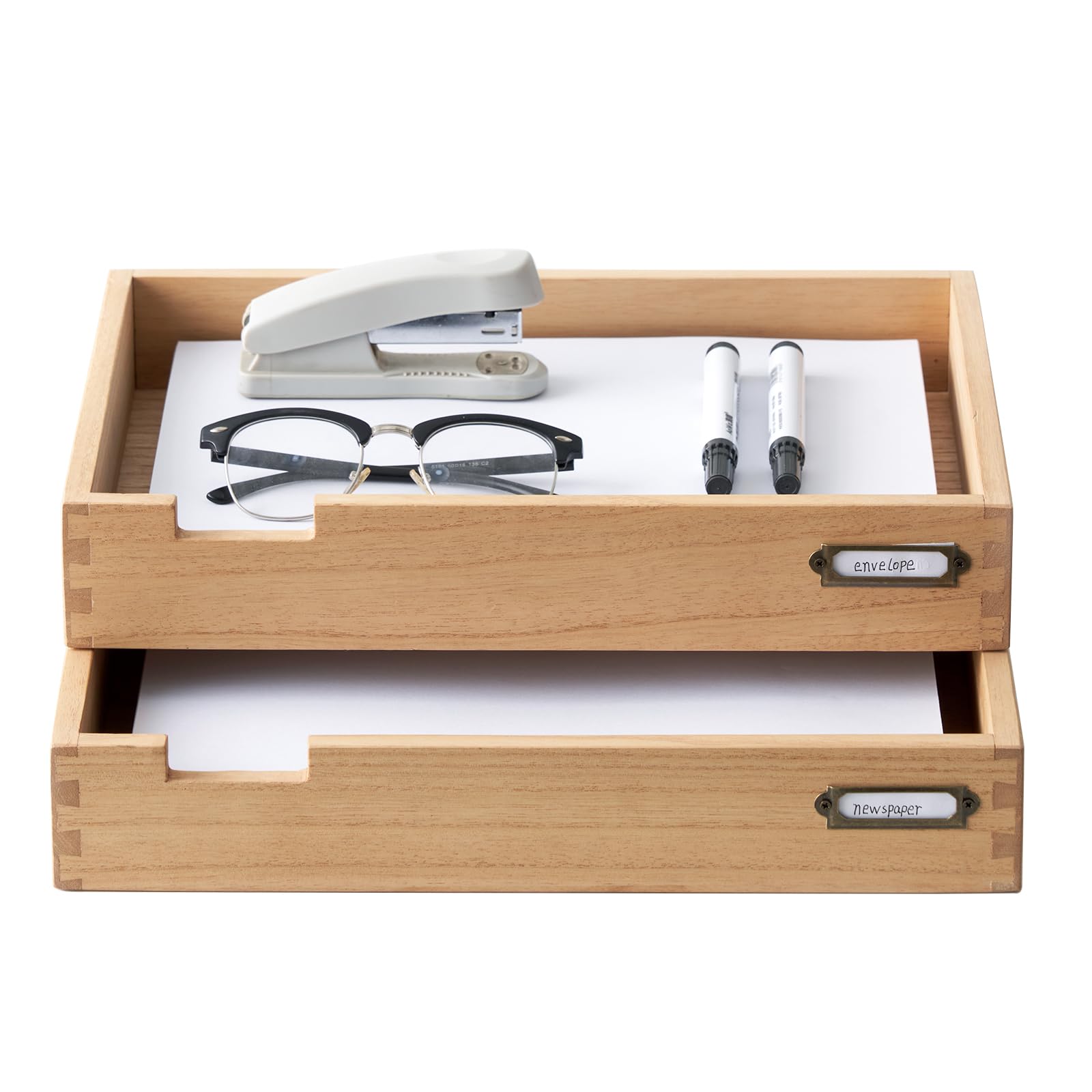 Kirigen Wood Desk Organizer Stackable Paper Tray Set Of 2 For Office Desktop Document Storage - Wooden Two Tier Tray - Stackable