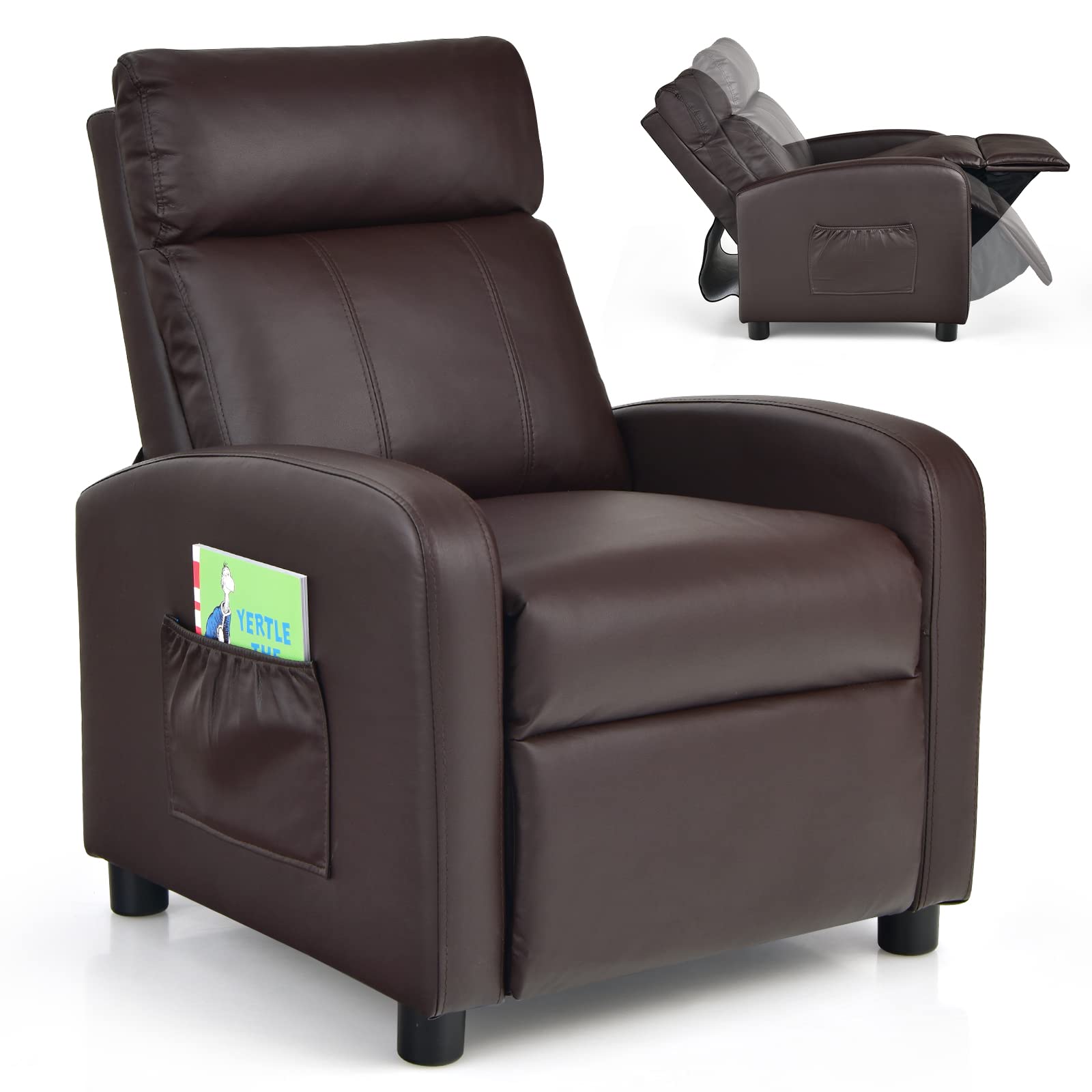 Costzon Kids Recliner, Adjustable PU Leather Lounge Chair w/Side Pockets, Footrest, Headrest for Kids Room & Play Room, Easy to 