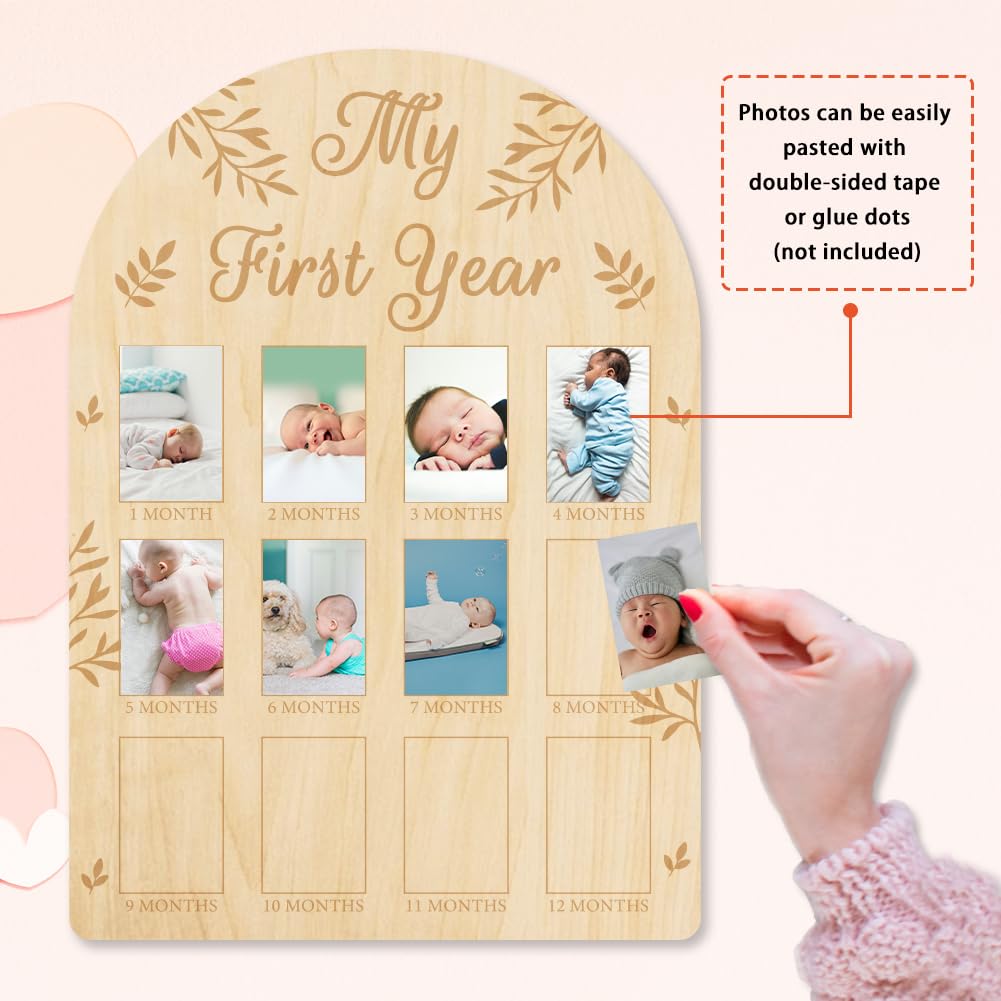 Origach My First Year Baby Growth Photo Display Wood Board - 12 Months Newborn Milestones Picture Frame - Neutral Baby Keepsake