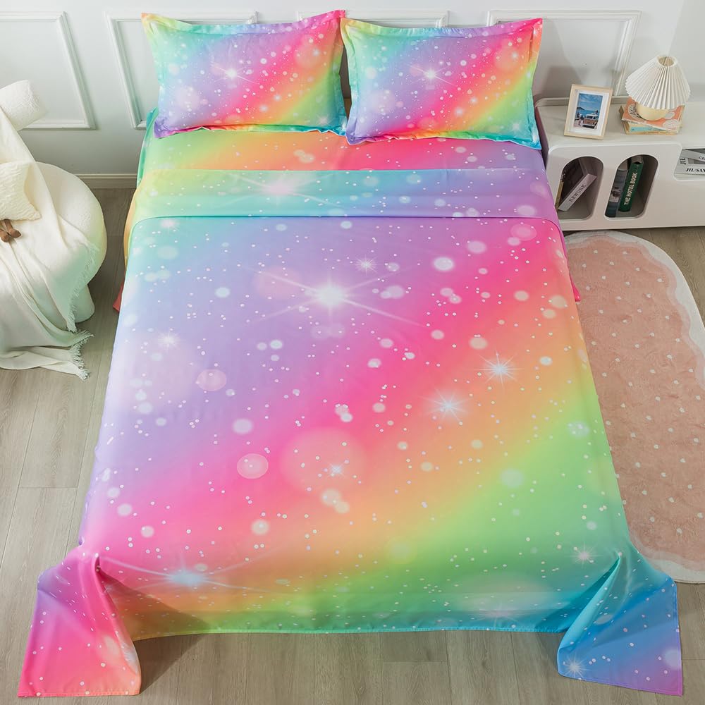 Adasmile A & S Rainbow Fitted Bed Sheet For Kids 4 Pieces Rainbow Sheets Queen For Girls Pink Purple Tie Dye Pastel Bed Set (1 F