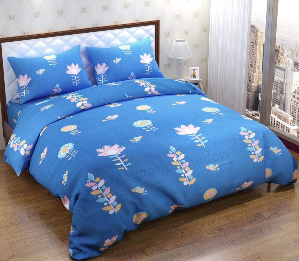 Magnetic Shadow Cotton 160Tc King Size Comforter Set With Bedsheet ( Blue Heart ) (Blue Floral)