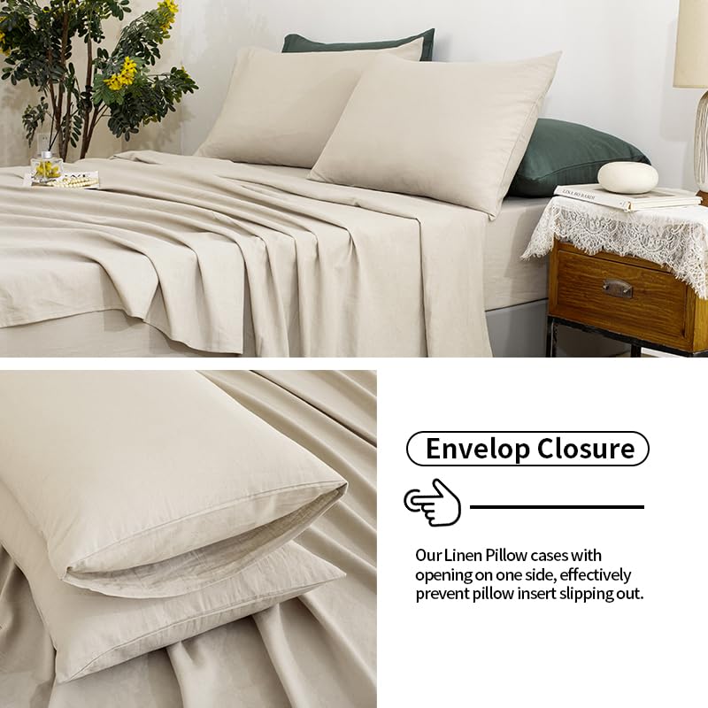 Tumei Linen Sheets Queen Size-100% Linen Bed Sheets Set Queen Size, 4Pcs Washed French Flax Linen Sheets Set With Durable Deep P