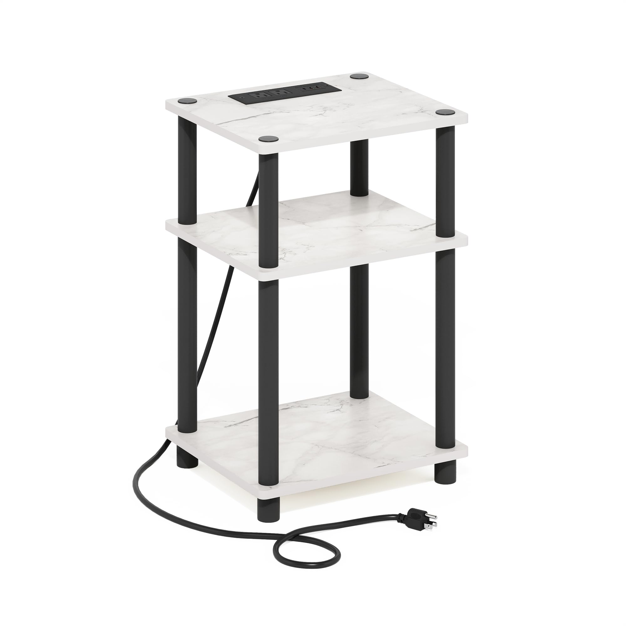 Furinno Just 3-Tier Turn-N-Tube Usb And Type-C Charging Port End Table With Open Storage, 11.42 (W) X 8.82 (H) X 6.77 (D) Inches, Marble White/Black