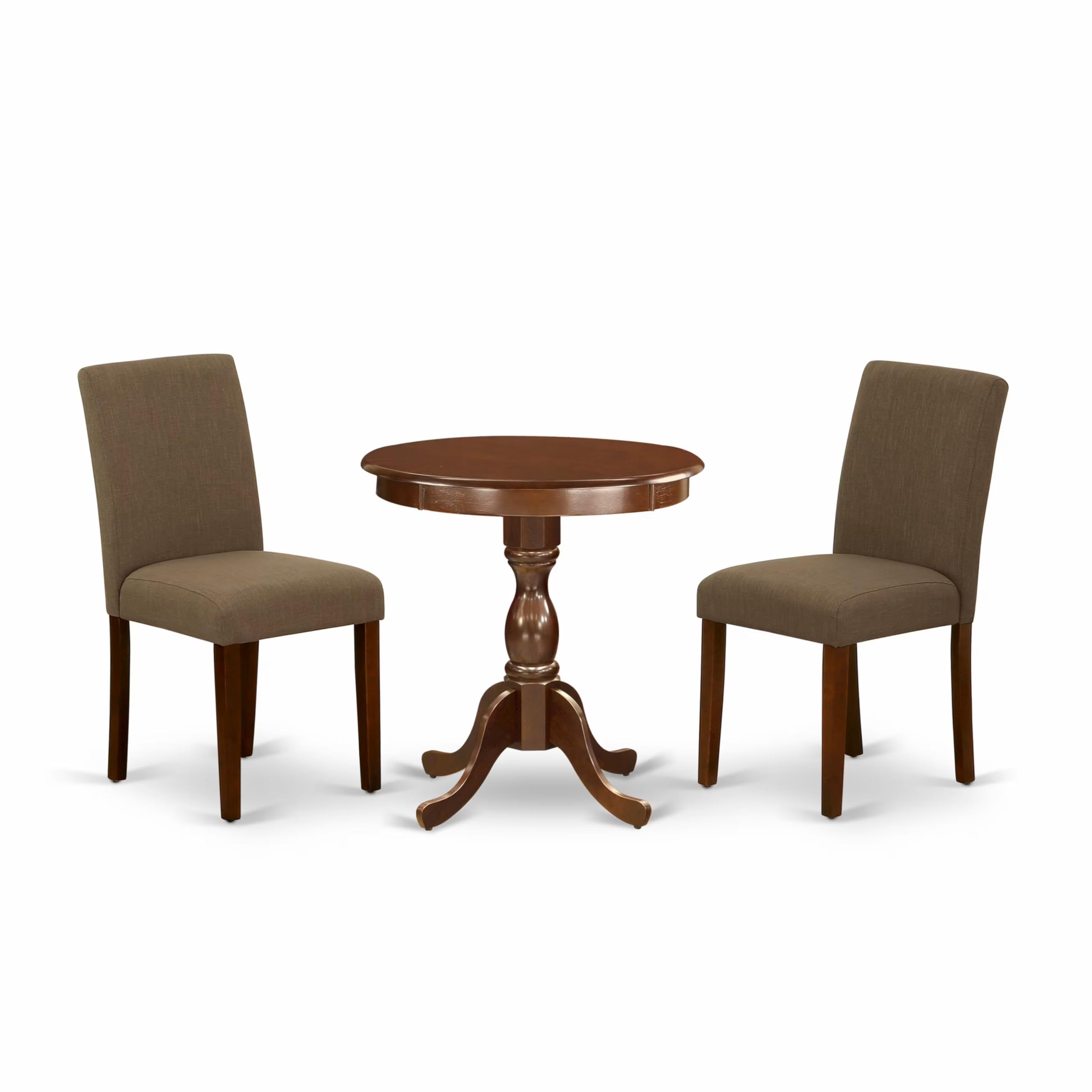 East West Furniture Esab3-Mah-18 3 Piece Dinette Set For Small Spaces Contains A Round Dining Table With Pedestal And 2 Coffee Linen Fabric Parson Dining Chairs, 30X30 Inch, Mahogany