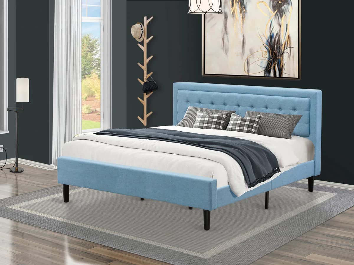 East West Furniture FNF-11-K Platform King Bed Frame - Denim Blue Linen Fabric Upholstered Bed Headboard with Button Tufted Trim Design - Black Legs