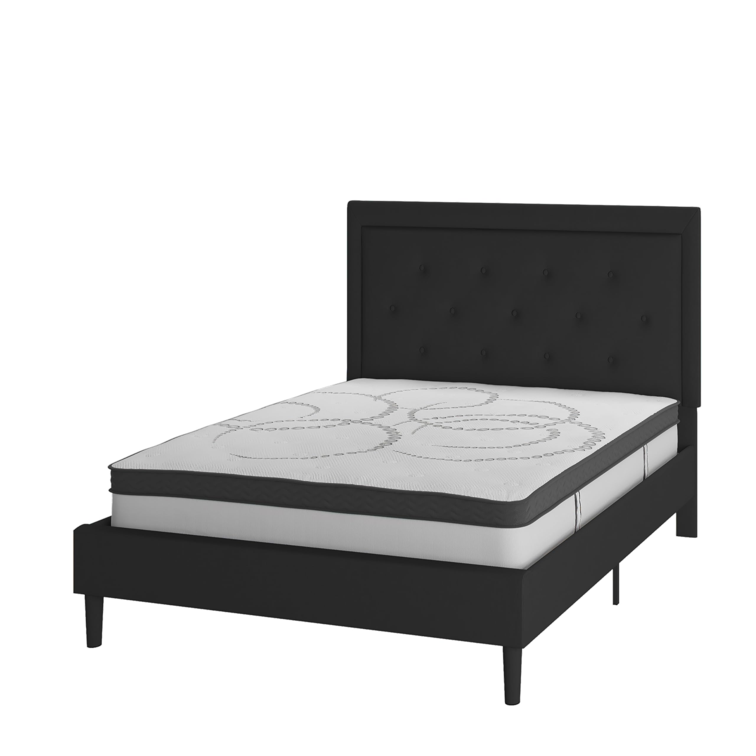 Flash Furniture Roxbury Full Size Tufted Upholstered Platform Bed In Black Fabric With 10 Inch Certipur-Us Certified Pocket Spring Mattress