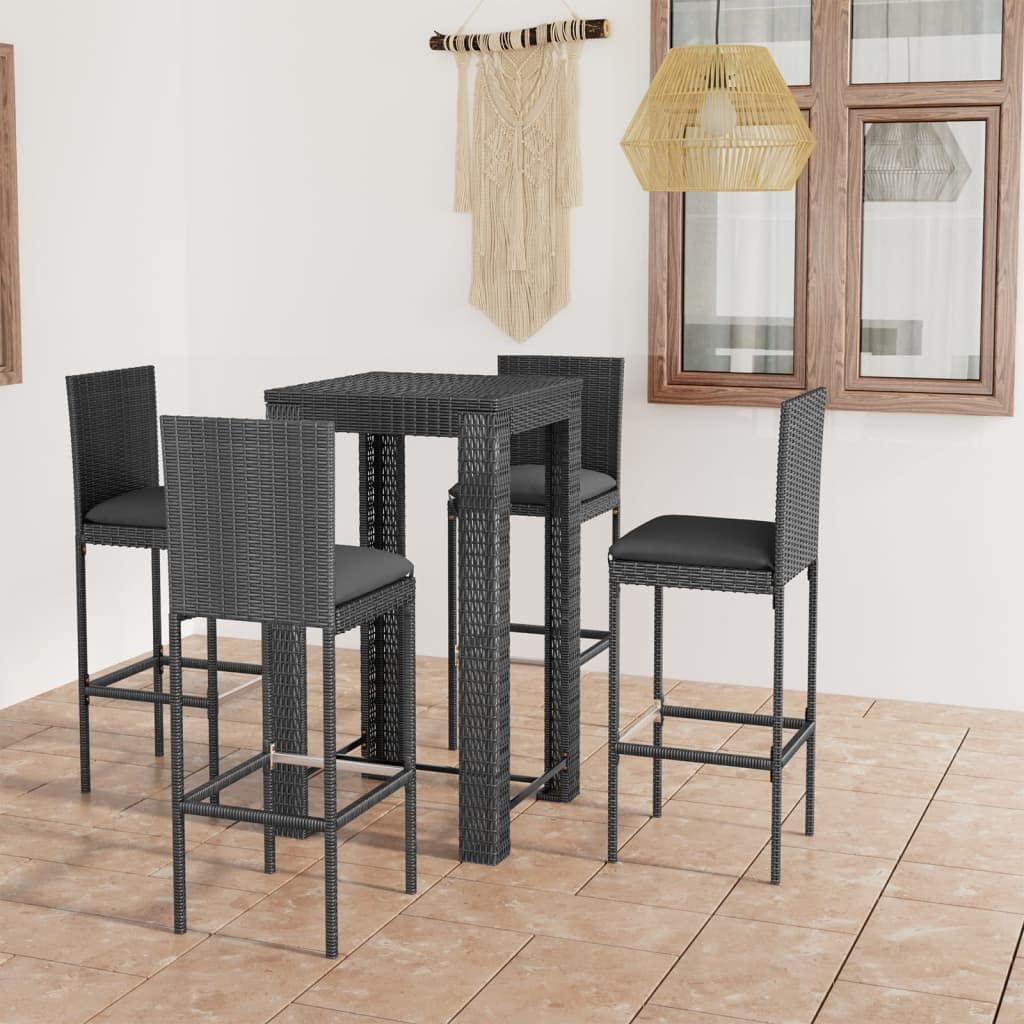 vidaXL 5 Piece Outdoor Patio Bar Set with Cushions - Weather-Resistant Poly Rattan, Powder-Coated Steel Frame, Square Table, Gray