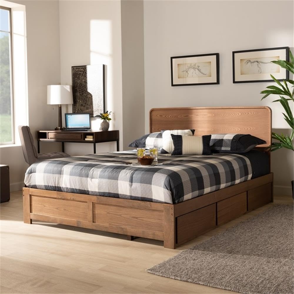 Baxton Studio Eleni Modern and Contemporary Transitional Dark Grey Fabric Upholstered and Ash Walnut Brown Finished Wood Full Size 3-Drawer Platform Storage Bed
