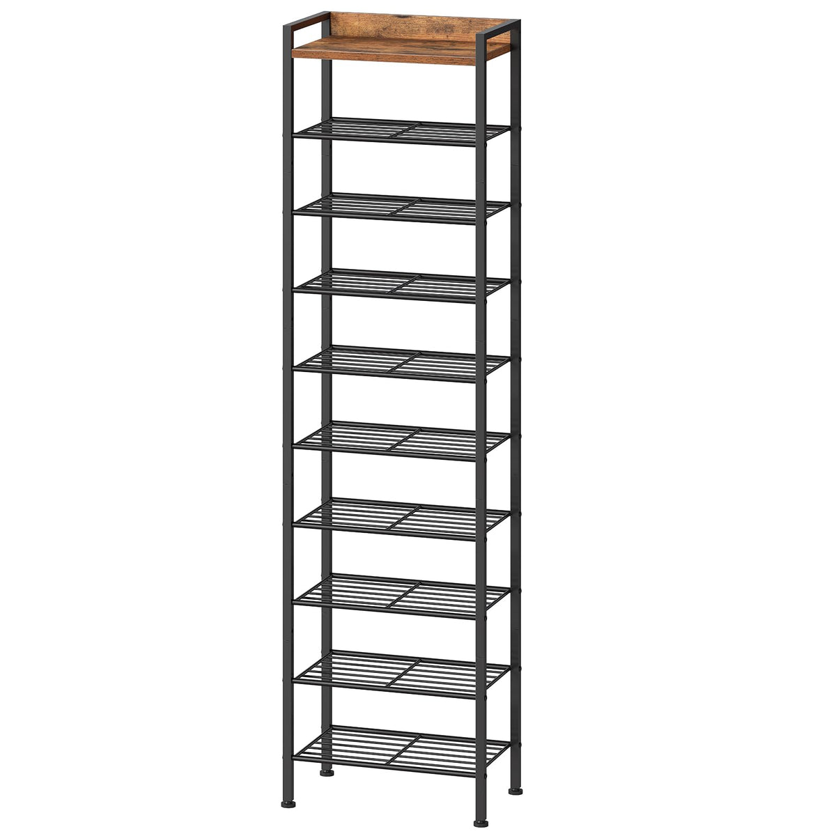 HOOBRO 10 Tier Shoe Rack Organizer with Wooden Top, Narrow Shoe Storage Shelf for 1018 Pairs, Tall Metal Shoe Rack for Closet E