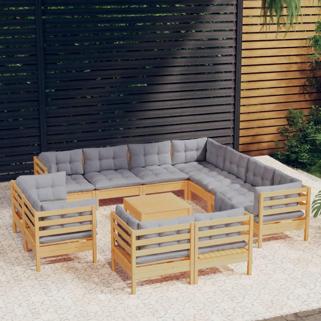 vidaXL 12-Piece Patio Lounge Set with Gray Cushions/Solid Pinewood Construction/Modular Design/Comfortable Polyester Cushions