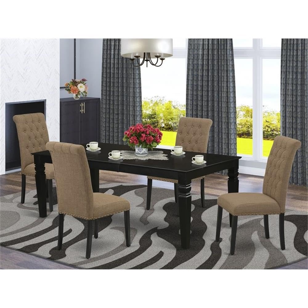East West Furniture Lgbr5-Blk-17 5 Piece Dining Set Includes A Rectangle Dining Room Table With Butterfly Leaf And 4 Light Sable Linen Fabric Upholstered Chairs, 42X84 Inch, Black