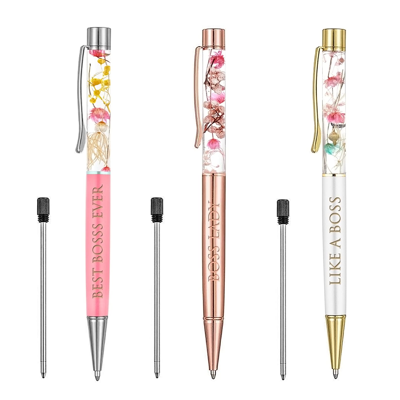 Ubabe Metal Boss Lady Pen Set, Black Ink Pink/Rose Gold/White Ballpoint Pens Inspirational Motivational Quotes Boss Lady Gifts f