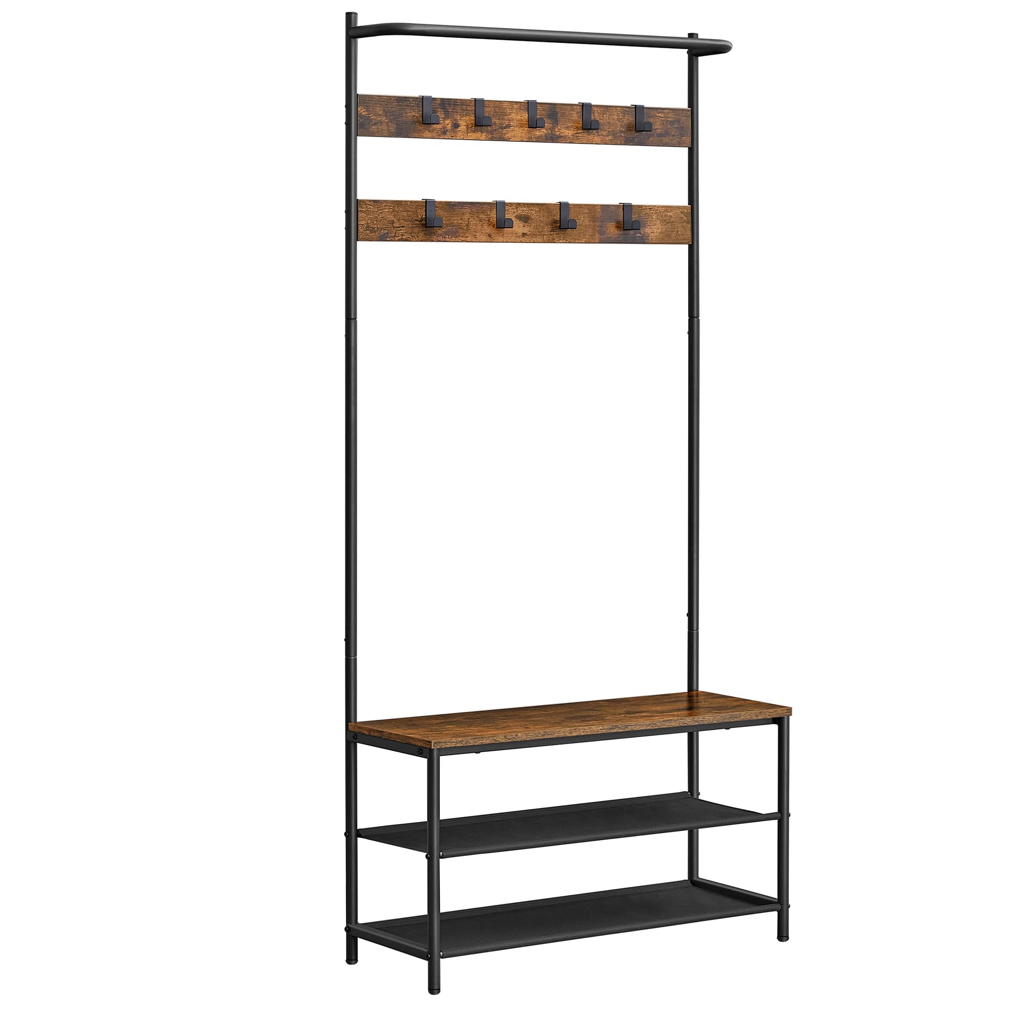 VASAGLE Hall Tree with Bench and Shoe Storage, Entryway Bench with Coat Rack Stand and Shoe Rack, 9 Movable Hooks, Top Bar, Fabr