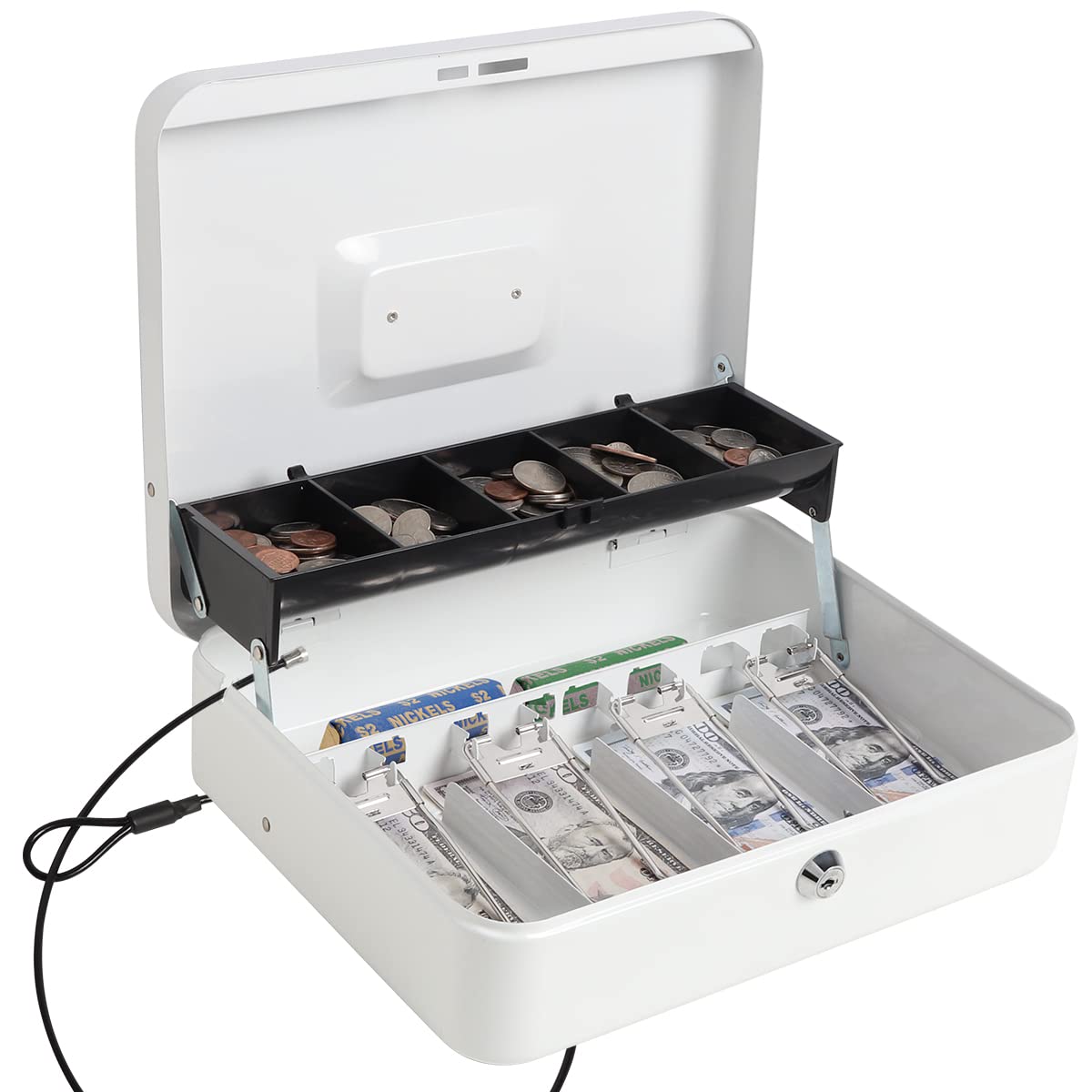 Parrency Cash Box With Key Lock,Durable Metal Cash Box With Money Tray,Lock Box Safe Storage Security Locker With Security Cable