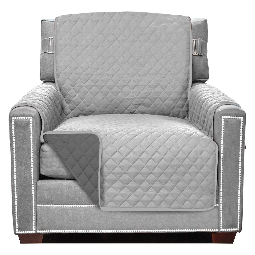 Sofa Shield Chair Slip Cover With Patented Strap, Cushion Protector, Reversible Stain And Dog Tear Resistant Slipcover, Quilted Microfiber 23” Seat, Washable Covers, Dogs Pets Kids Light Gray Charcoal
