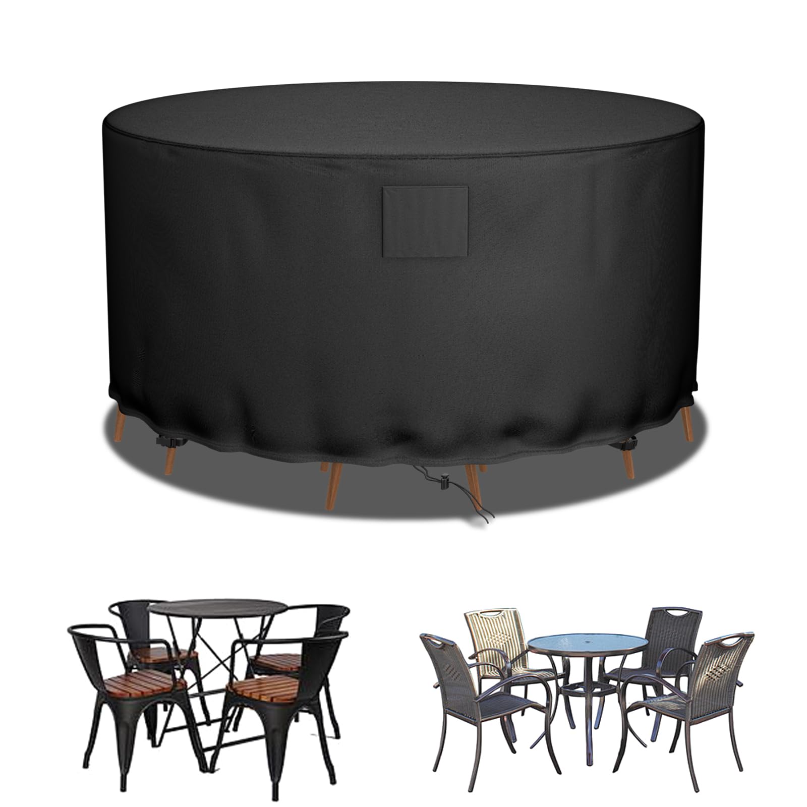 Falflor Round Patio Furniture Cover 600D Oxford Outdoor Round Table And Chair Cover Waterproof Round Table Cover Windproof Anti-