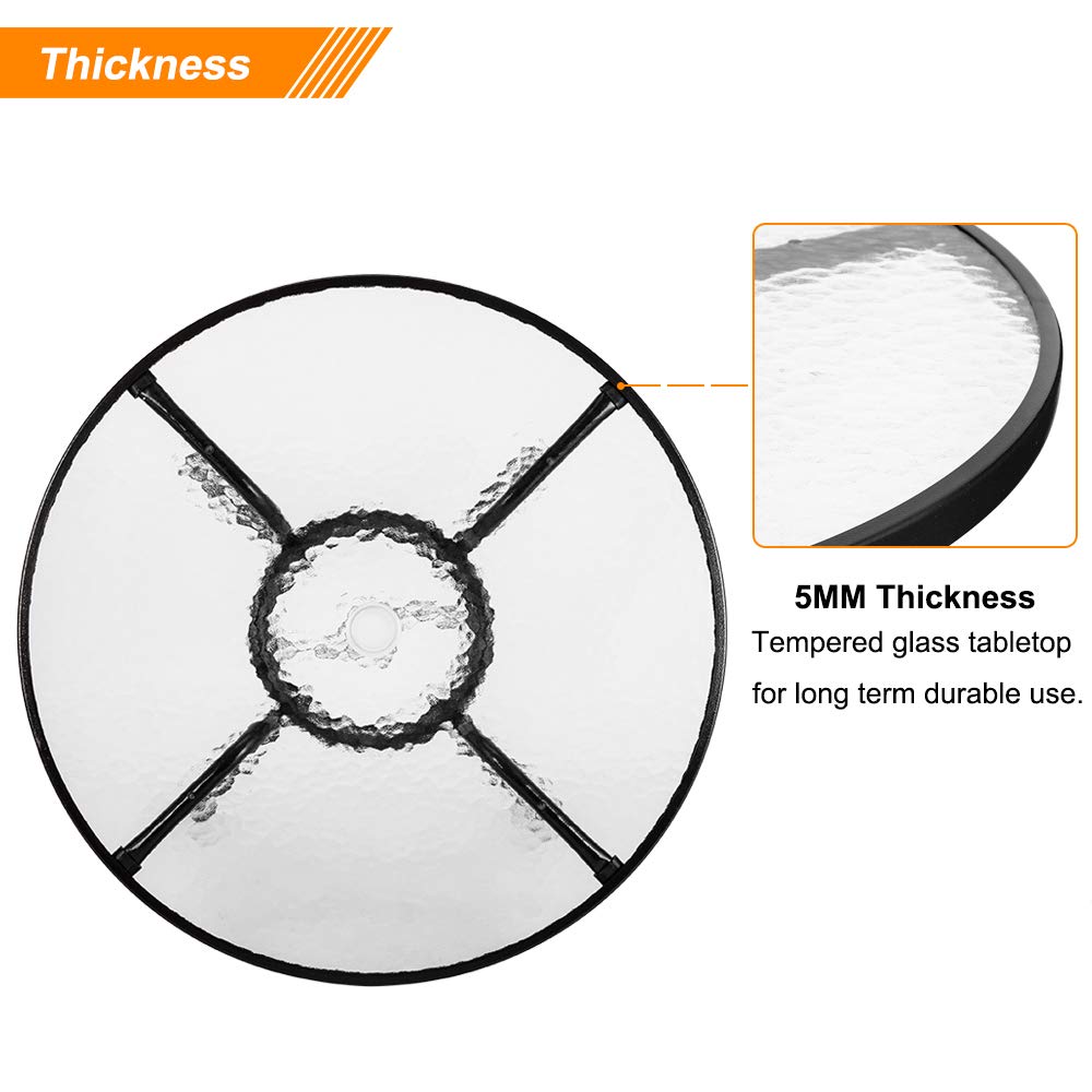 Vingli Round Patio Table With Umbrella Hole, 32' Outdoor Dining Table Steel Tempered Glass Patio Table Round Outdoor Table For Balcony Garden Deck