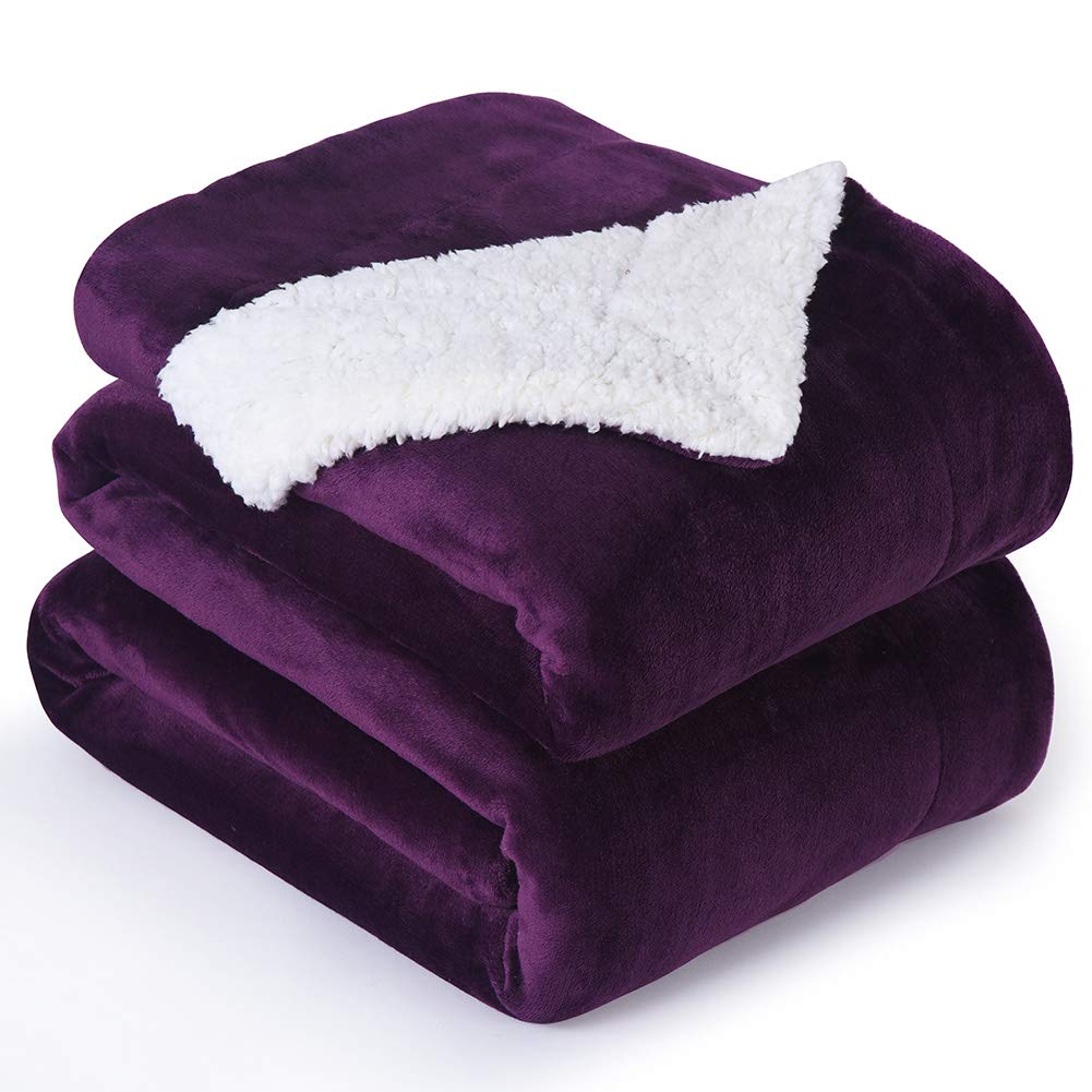 Nanpiper Bed Blanket Reversible Sherpa Flannel Blanket Super Soft Fuzzy Lightweight Fleece Microfiber (90'X90' Purple) Queen
