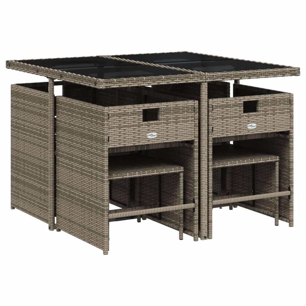 vidaXL Patio Dining Set with Cushions - 9 Piece Gray PE Rattan Garden Furniture/Foldable Chairs, Washable Covers - Tempered Glass Table