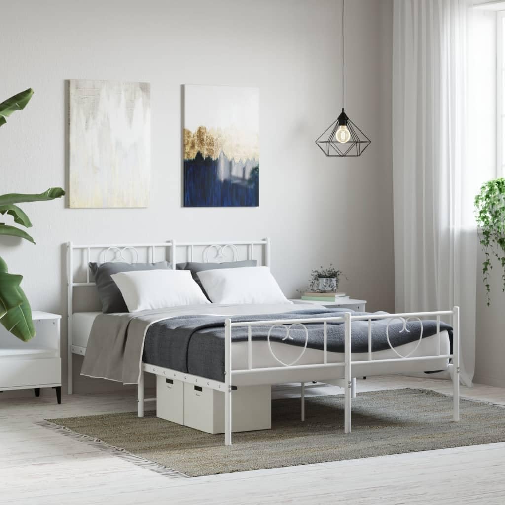 vidaXL Sturdy Metal Bed Frame with Headboard and Footboard, White Steel Double Bed with Additional Under-Bed Storage Space