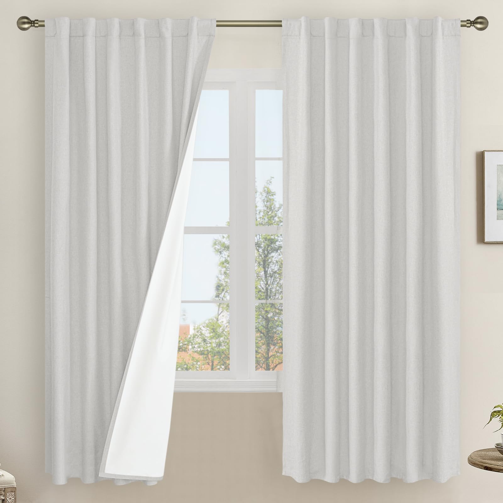 Lamit Light Grey 100% Blackout Linen Curtains, 63 Inches Linen Textured Thermal Bedroom Curtains Back Tab And Rod Pocket Burlap