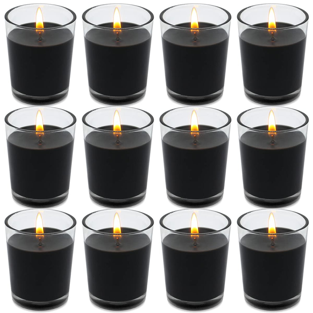Set of 12 Black Votive Candles for Halloween Pumpkin, Clear Glass Filled Unscented Soy Wax Candle for Dinner, Parties, Home Deco