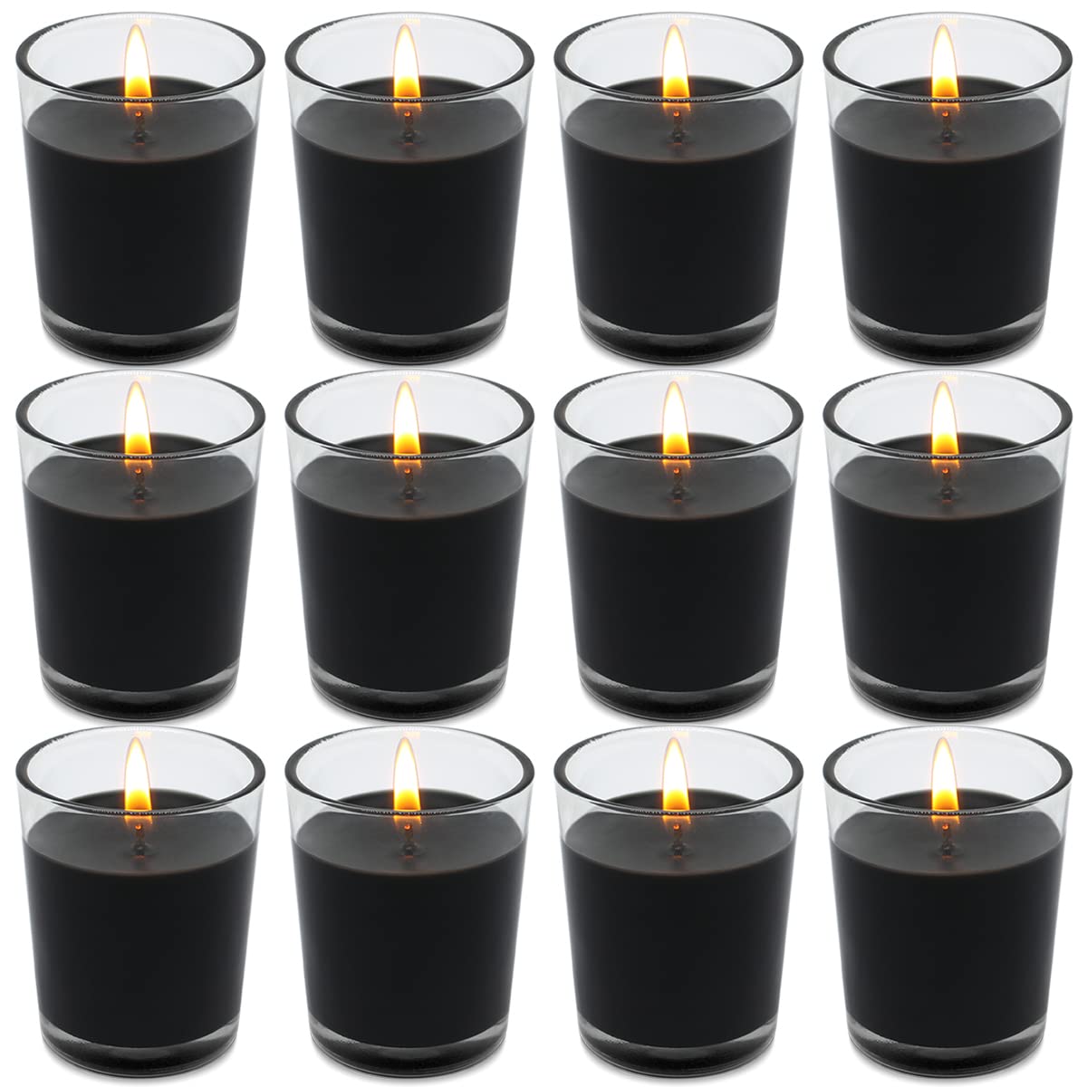 Set of 12 Black Votive Candles for Halloween Pumpkin, Clear Glass Filled Unscented Soy Wax Candle for Dinner, Parties, Home Deco