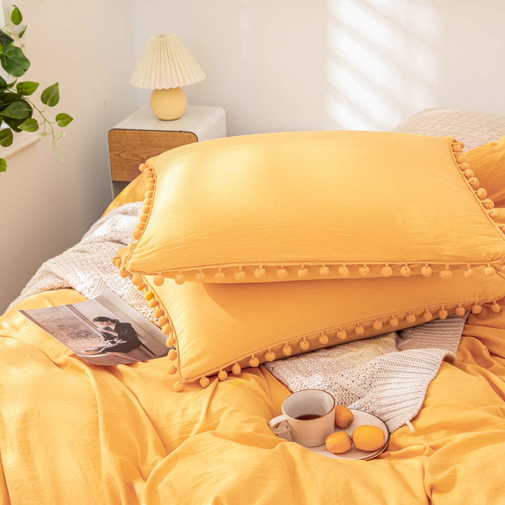 Yellow Pillowcases, Pom Pom Fringe Pillow Cases Set Of 2, 100% Soft Washed Microfiber, Yellow Boho Decor Pillow Shams King, 2 Pa