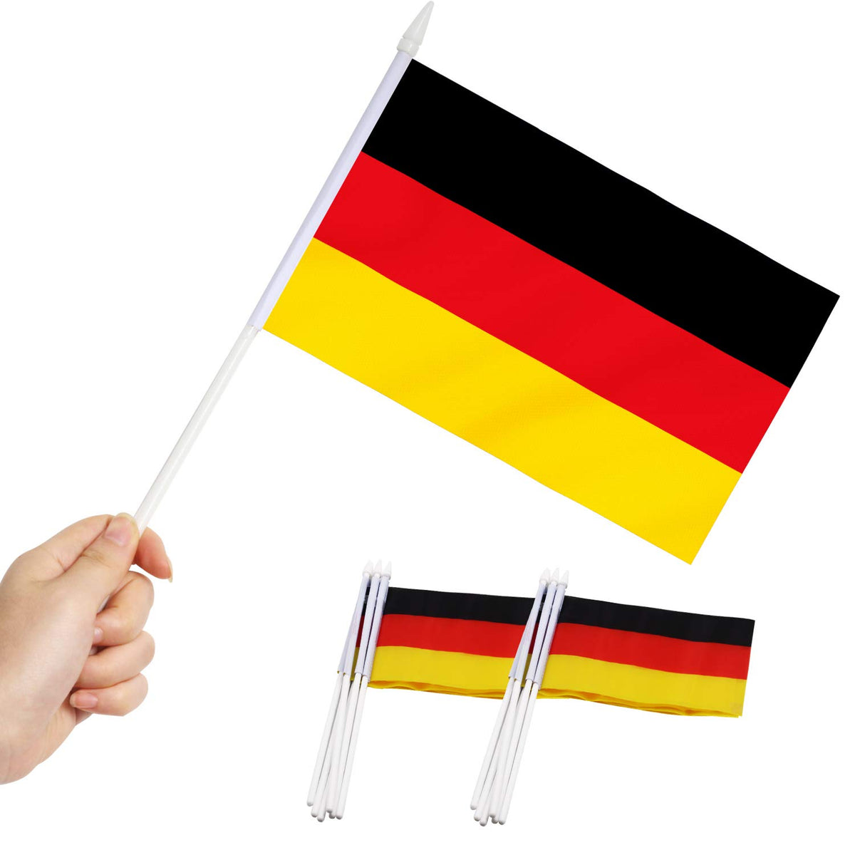 Anley Germany Mini Flag 12 Pack - Hand Held Small Miniature German Flags On Stick - Fade Resistant & Vivid Colors - 5X8 Inch Wit