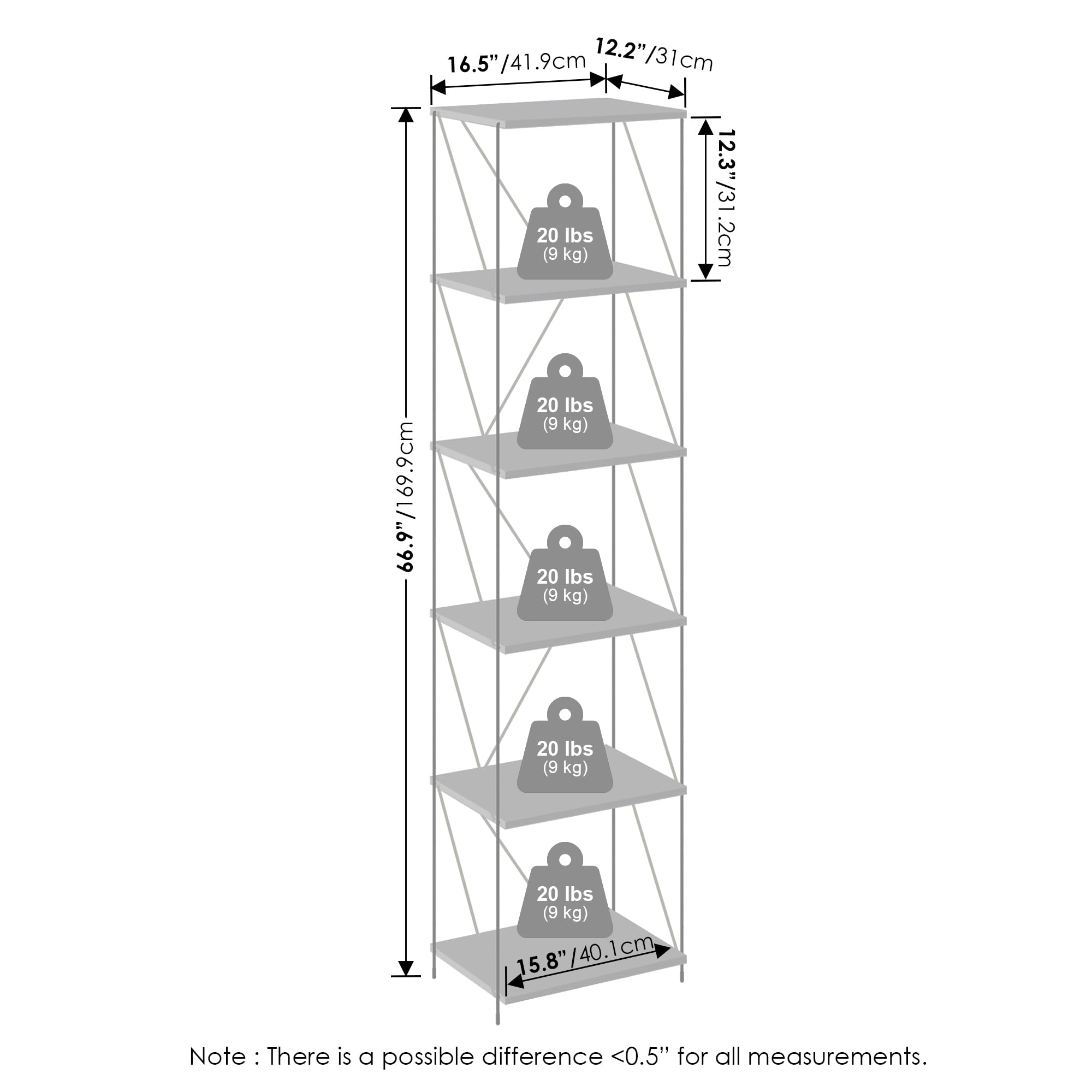 Furinno Wire 6-Tier Industrial Style Metal Frame Bookcase, Display Shelf, 16 Wide, Finn Oak