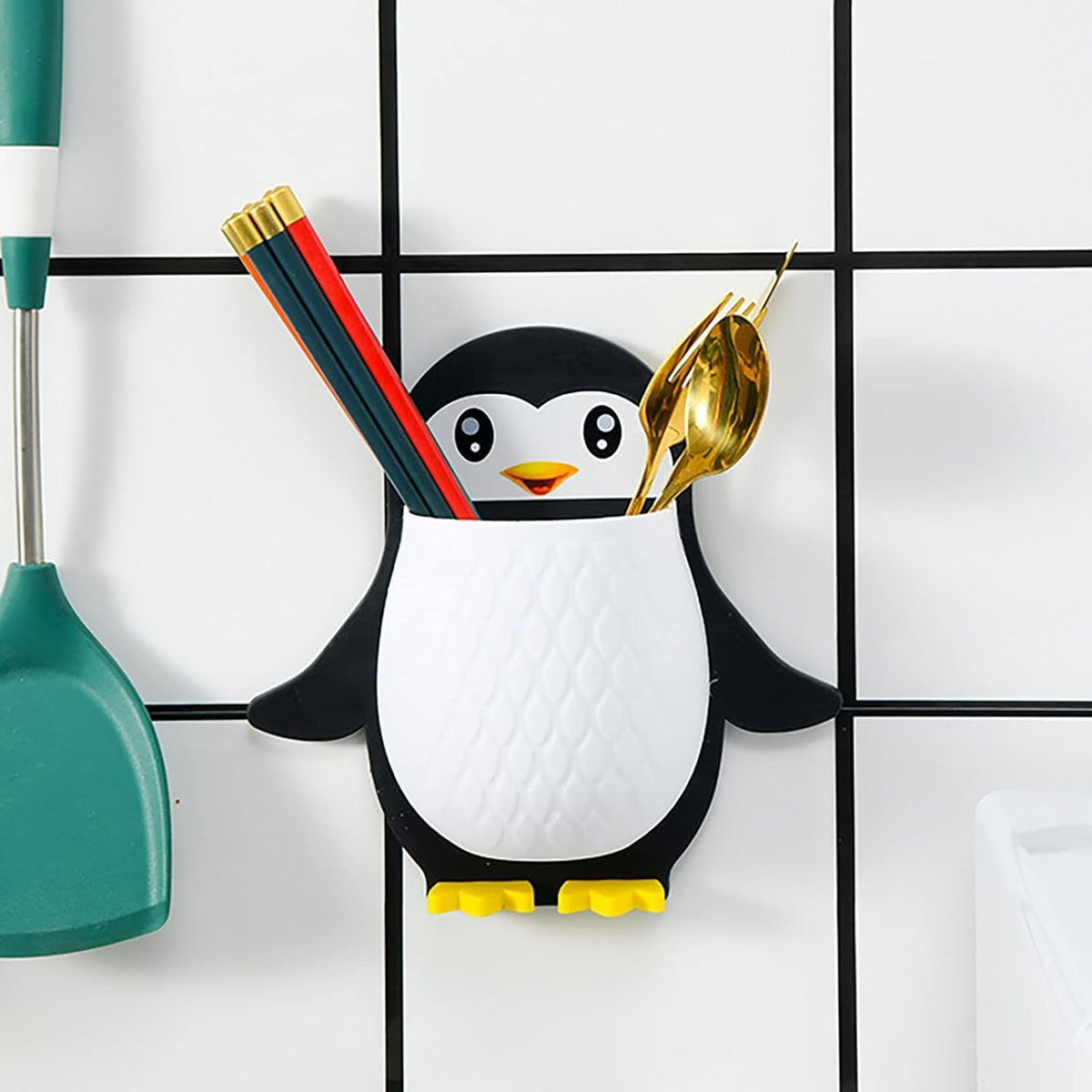 PRABODH?Wall Mounted Penguin Design Toothpaste Holder Remote Holder Organizer Hanging Mobile Holder Pencil Bathroom Toothbrush H