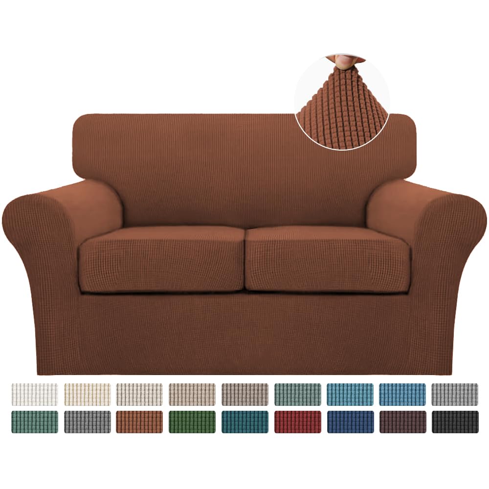 Turquoize 3 Piece Sofa Covers For 2 Cushion Couch Sofa Slipcover Soft Cover For Dogs-Washable Furniture Covers With 2 Individual Cushion Covers, Feature Jacquard Fabric(Loveseat, Caramel)