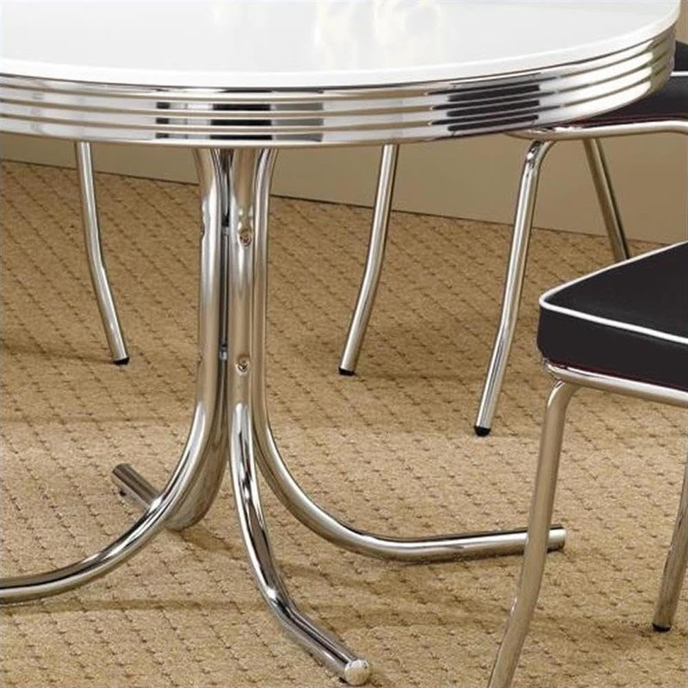 Coaster Home Furnishings Retro 1950s Soda Fountain Diner Round Dining Room Table White Laminate Top Sturdy Steel Chrome Base 2388