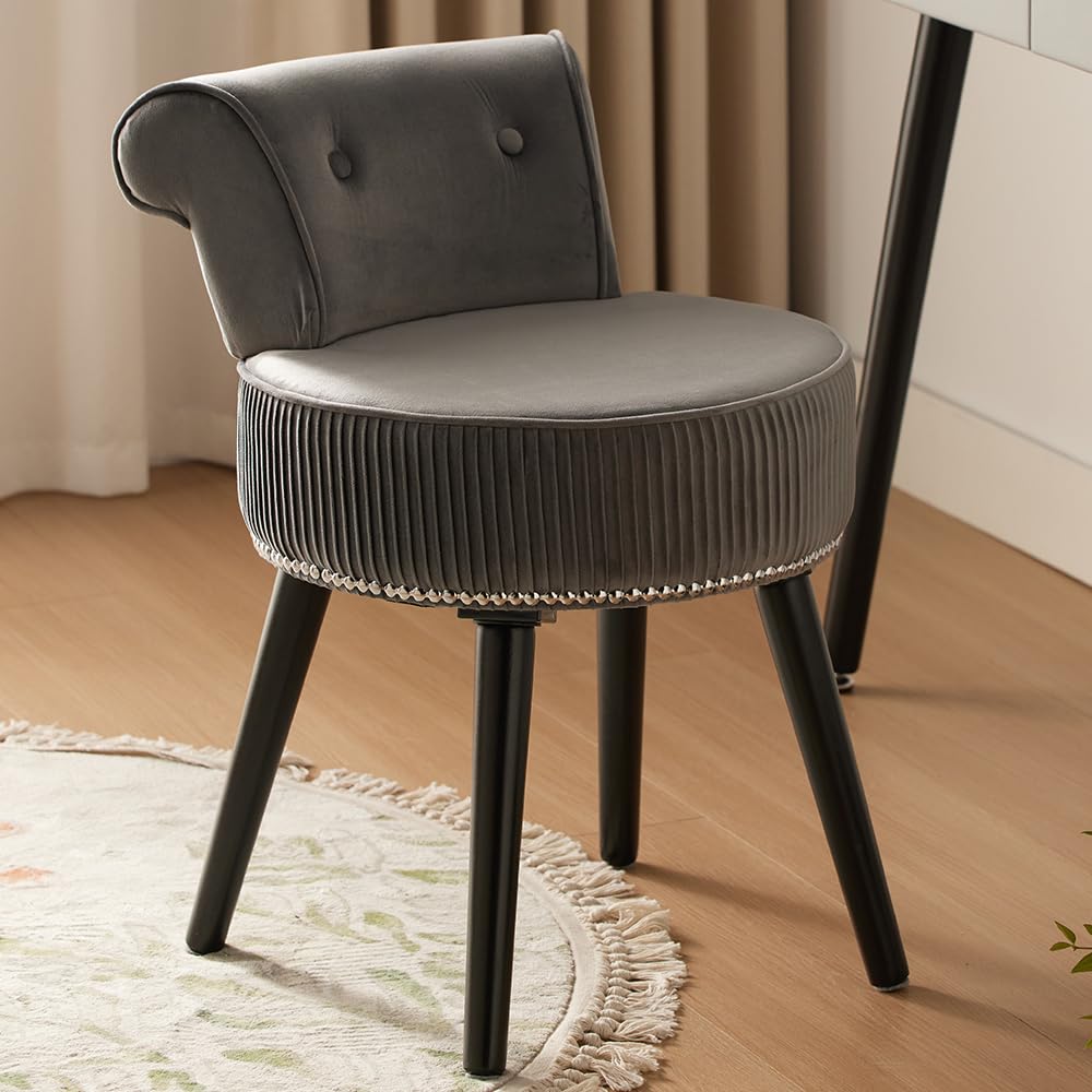 YYW HOME Grey Velvet Vanity Chair with Back Small Makeup Vanity Stool Chair Tufted Accent Chairs for Dressing Room Bedroom Bathr