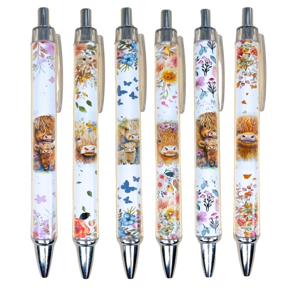 Yj Premiums 6Pc Highland Cow Pens Set | Cow Print Pen Kawaii Cute Supplies Accessories Items Stationary For School Home Office D