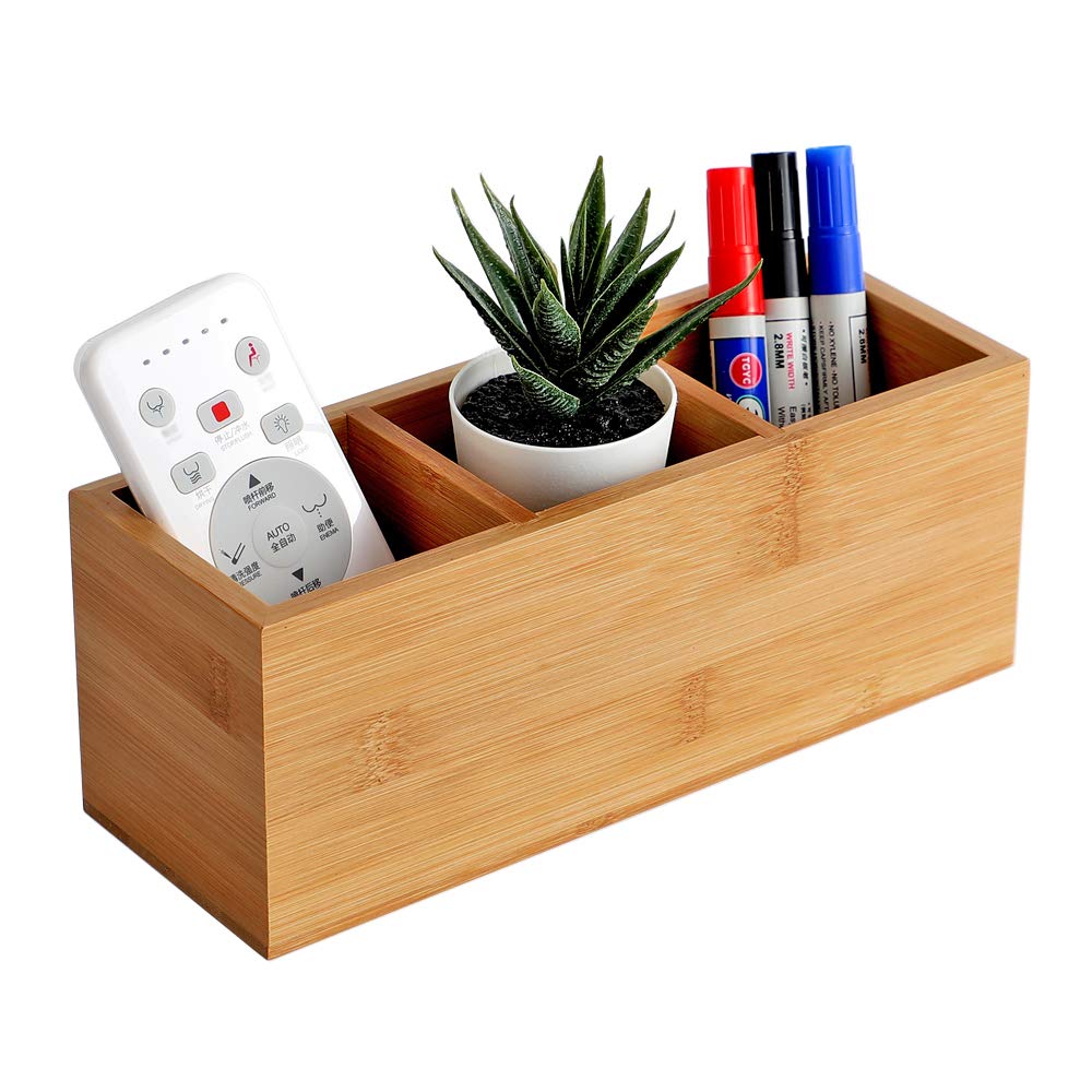 Yosco Bamboo Wood Pens Pencils Holder Cup For Desk Remote Control Holder, Caddy,Organizer,Desktop Storage With 3 Compartments,Mu