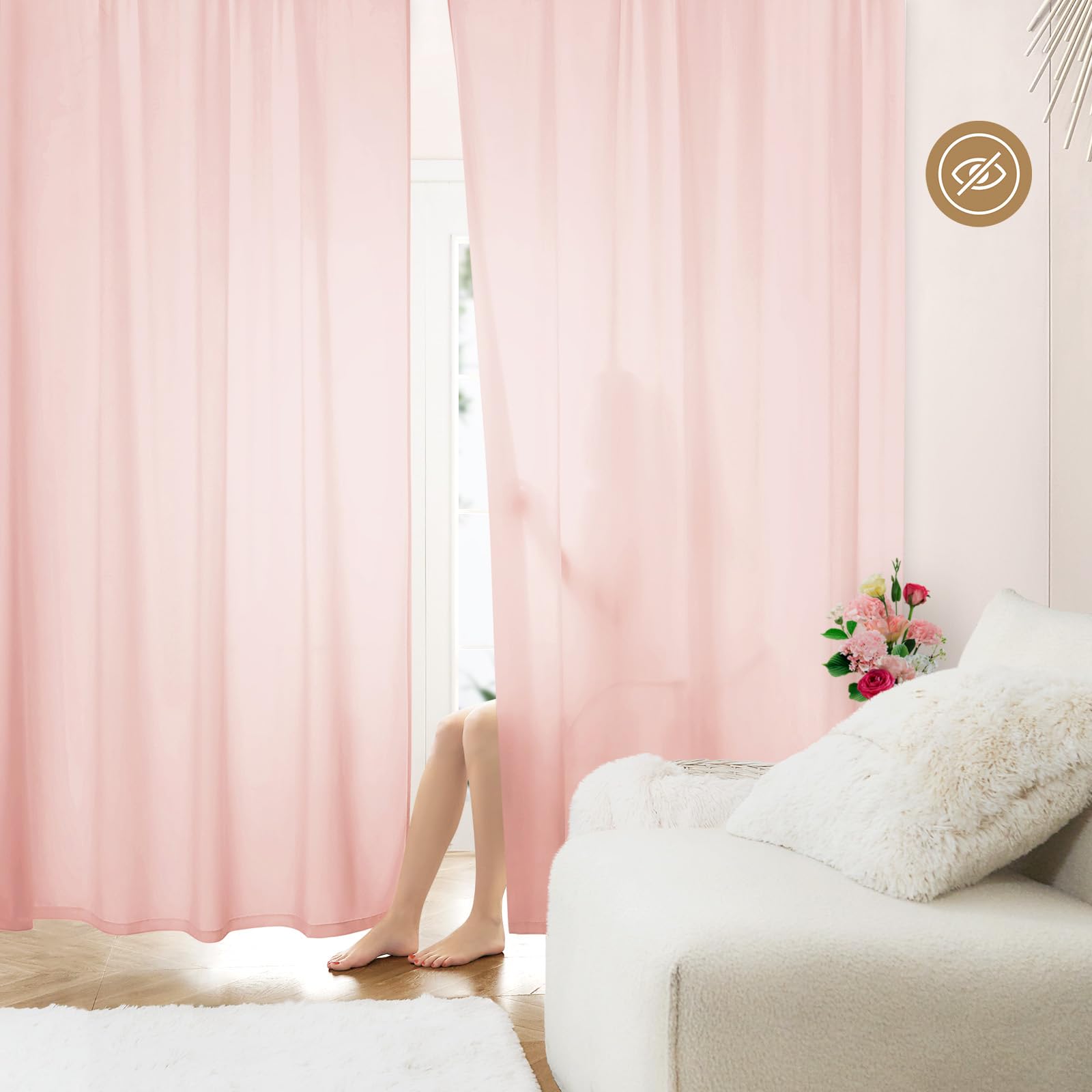 Homeideas Non-See-Through Blush Pink Privacy Sheer Curtains 52 X 63 Inches Long 2 Panels Sheer Curtains Light Filtering Window Curtains Drapes For Bedroom Living Room
