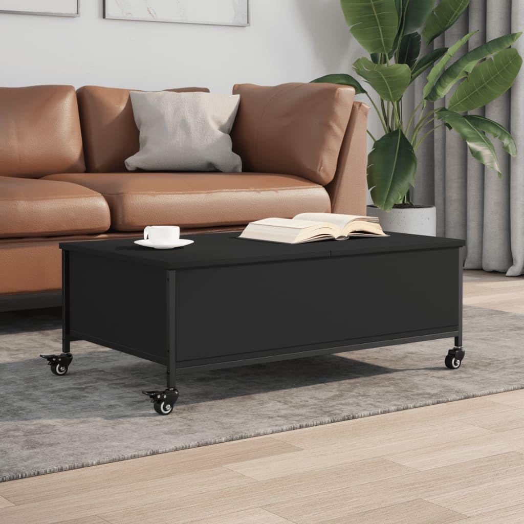 vidaXL Engineered Wood Coffee Table on Wheels - Black Modern Mobile Side Table with Storage, 35.8&quot;x21.7&quot;x13.4&quot;