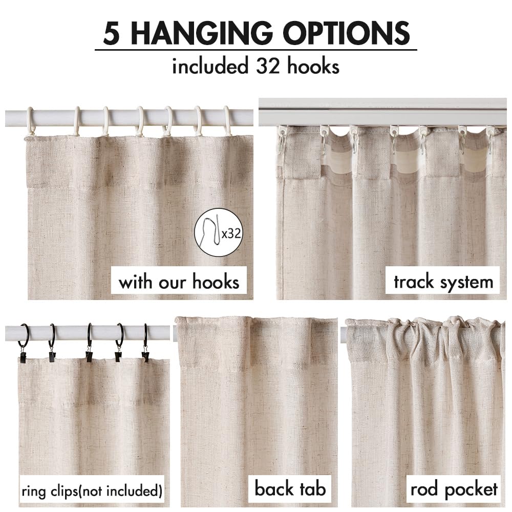 Miulee Natural Linen Curtains 90 Inches Long 2 Panels, Back Tab & Pleated Tape Soft Thick Linen Textured Window Drapes With Hooks Bedroom Living Room Semi Sheer Light Filtering Neutral Cream Ivory