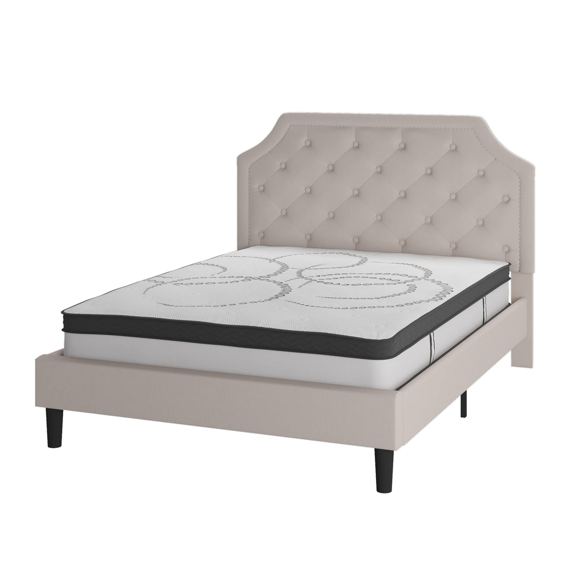 Flash Furniture Brighton Queen Size Tufted Upholstered Platform Bed In Beige Fabric With 10 Inch Certipur-Us Certified Pocket Spring Mattress