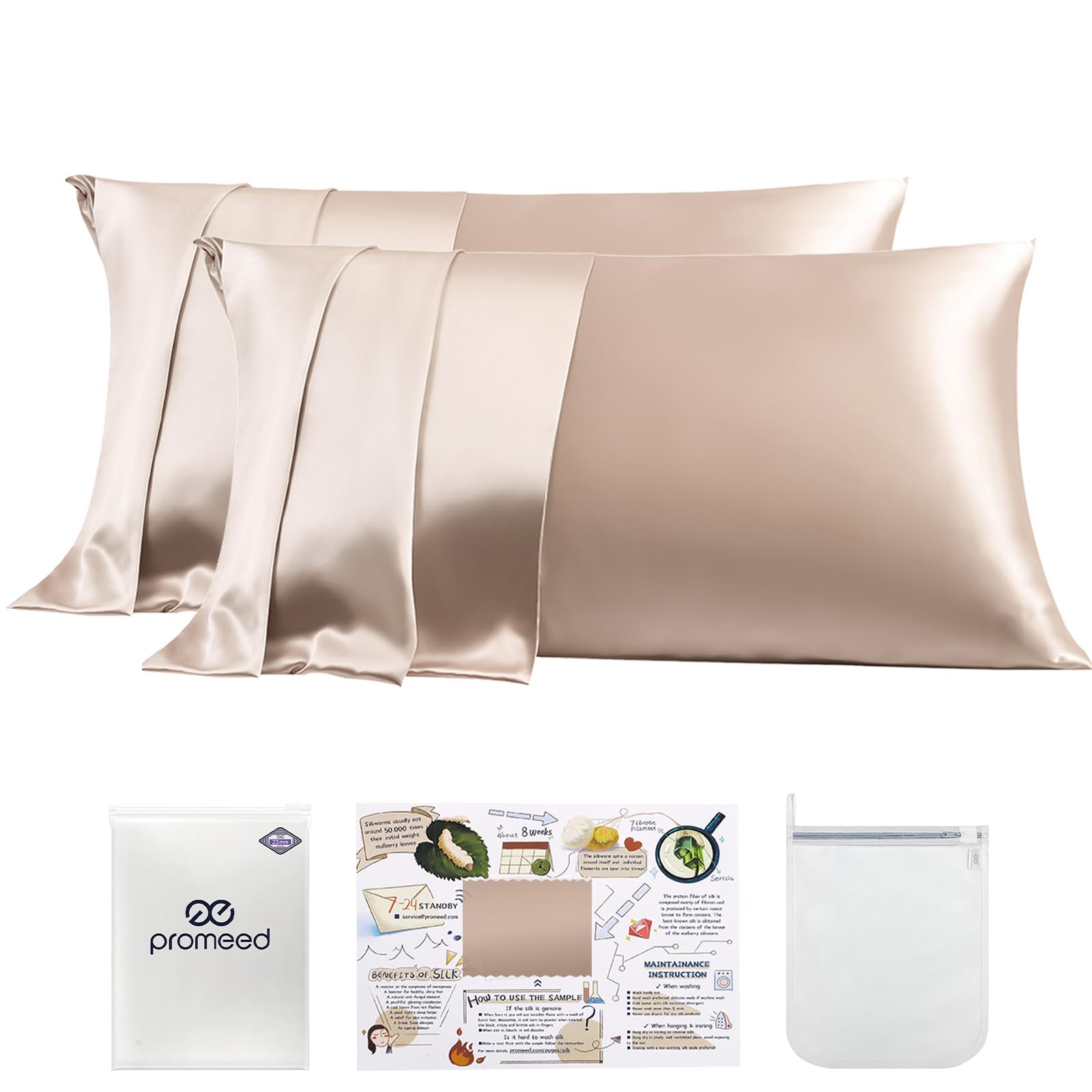Promeed 100% Mulberry Silk Pillowcase 2 Pack With Zipper, 23 Momme Grade 6A+ Silk Pillow Case King Size Set Of 2, Cooling Pillow