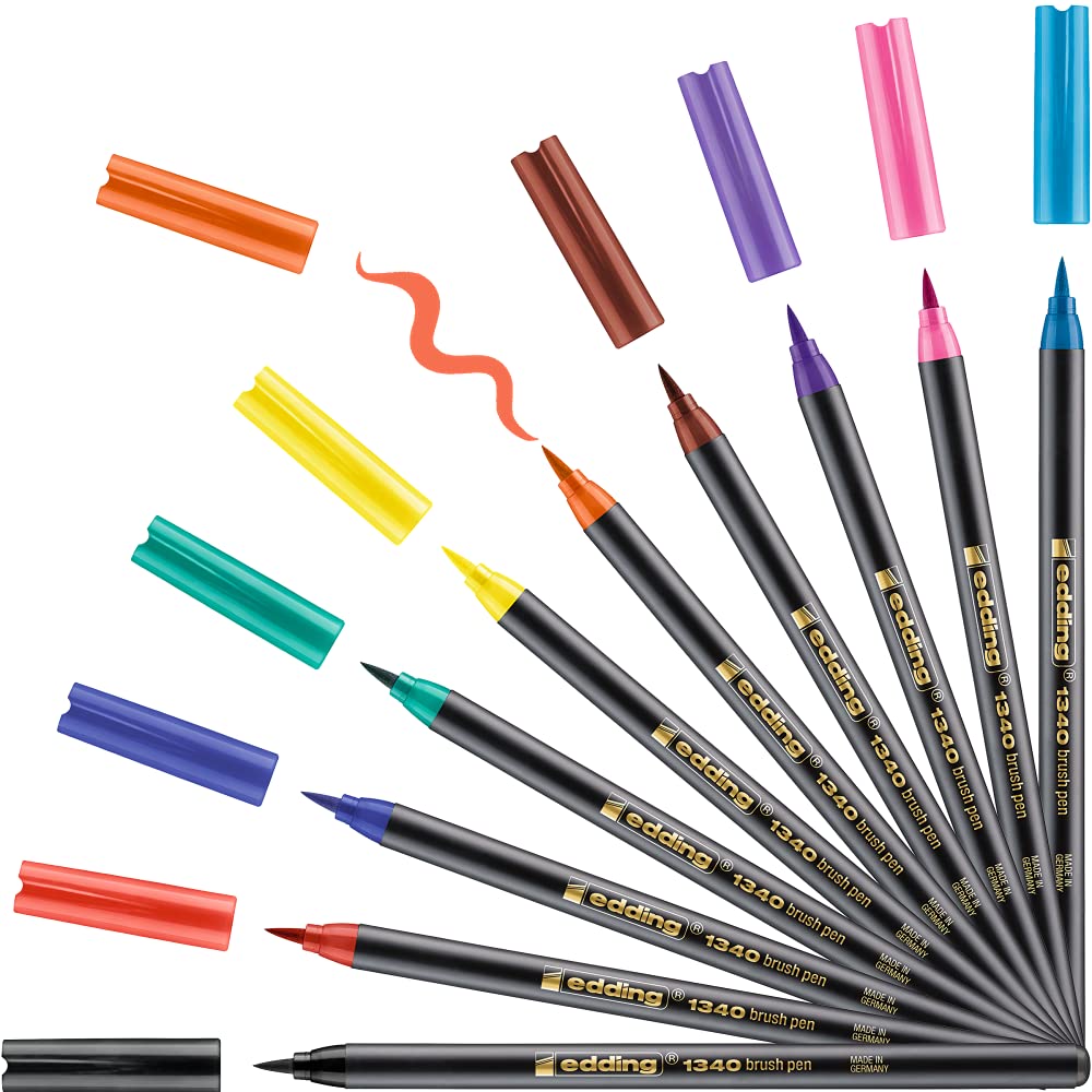 Edding 1340 Brush Pen - Set Of 10 - Colorful, Bright, Delicate Colors - Flexible Brush Nib - Felt-Nib Pen For Painting, Writing