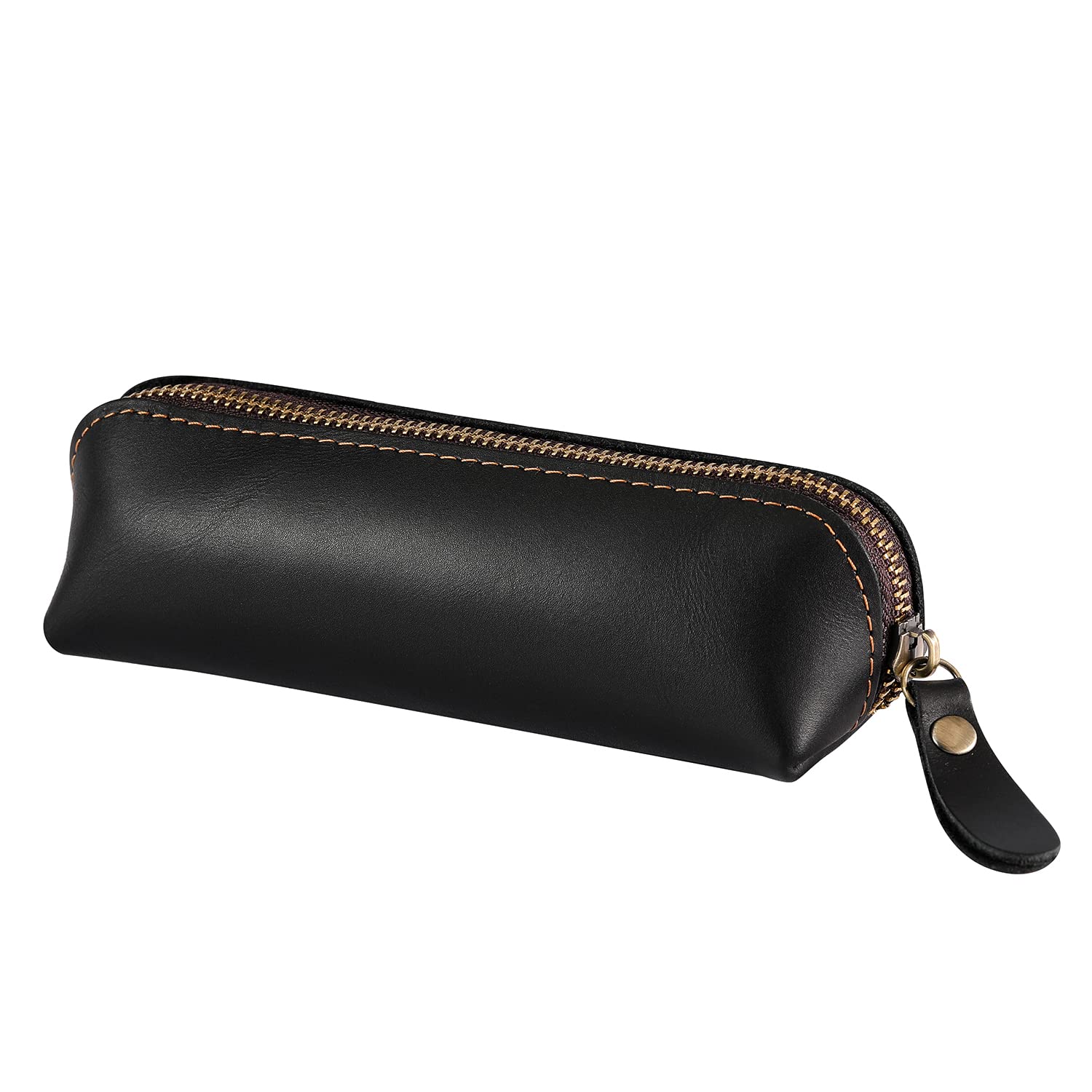 Rzeotpii Pen Pouch Pencil Bag Black Leather Pencil Holder Small Portable Zipper Case For Fountain Pen Markers Makeups Change Coi