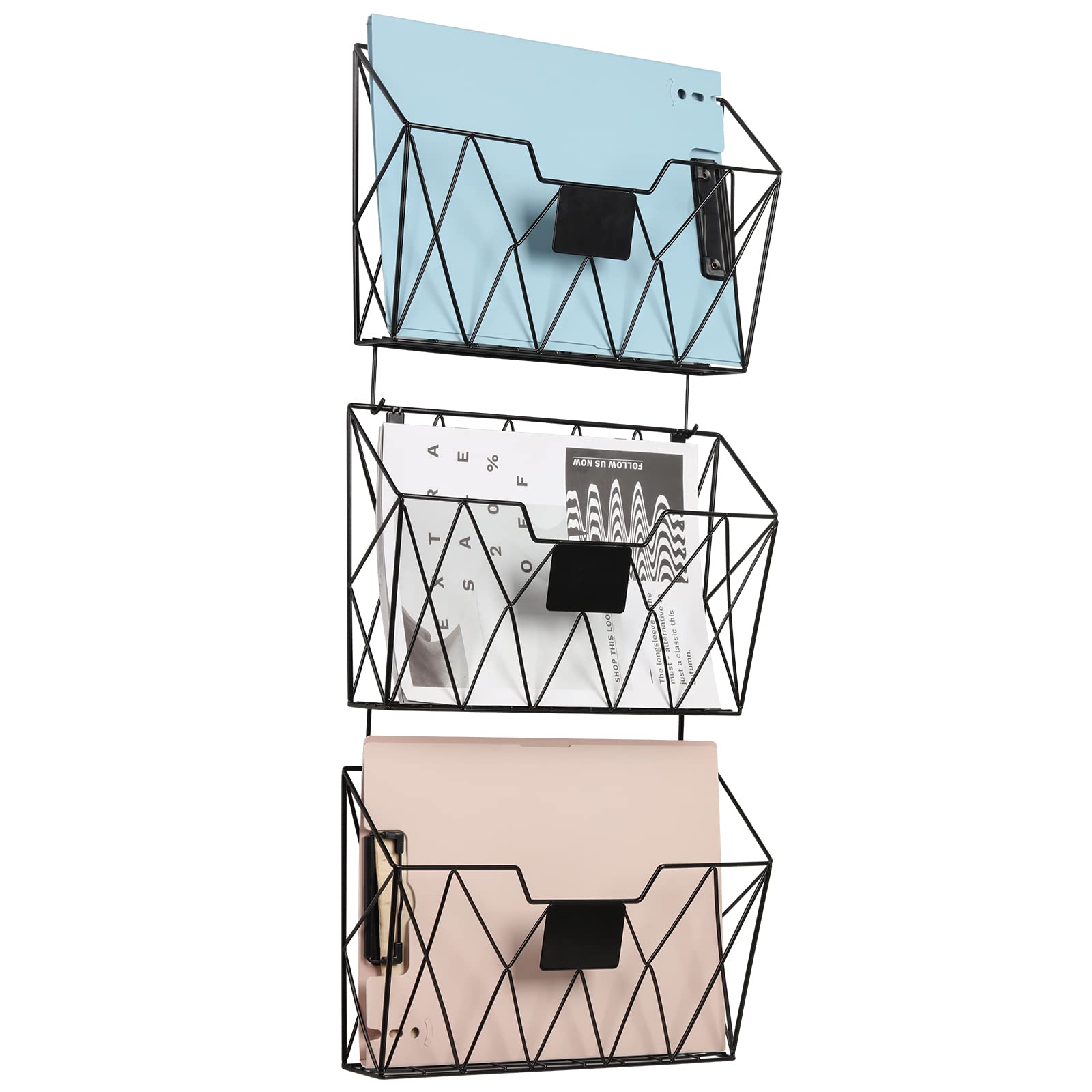 Ybing Wall File Organizer For Office Hanging Wall File Holder And Basket Set Of 3 Wall Mounted File Rack With Hooks Metal Wall S
