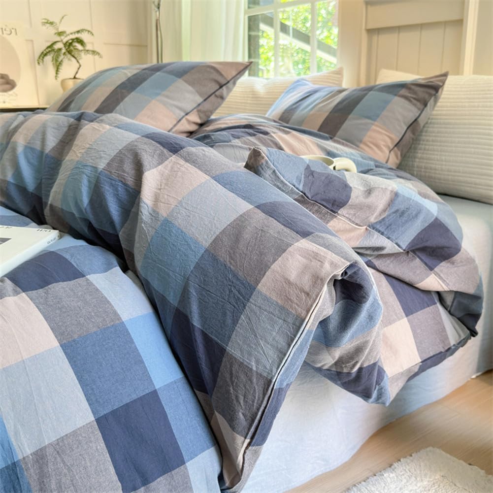Lifetb Blue Grey Plaid Duvet Cover Set Twin 3 Pieces Boho Gingham Comforter Cover For Men Boys Simple Style Modern Plaid Bedding