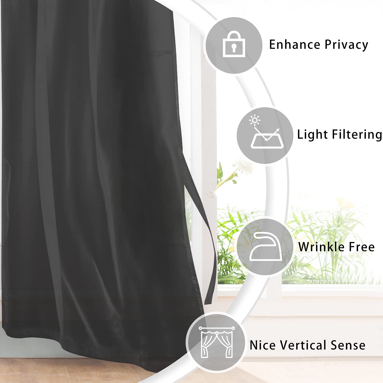 Hiasan Black Sheer Curtains For Bedroom With Tiebacks, Grommet Light Filtering Extra Wide Voile Texture Window Curtains For Living Room, Kids' Room And Nursery, W70 X L84, 2 Soft Drape Panels