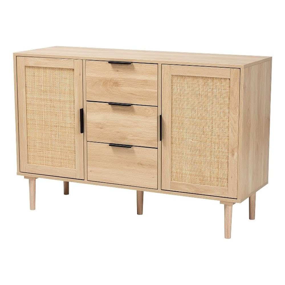 Baxton Studio Harrison Natural Brown Wood and Natural Rattan 3-Drawer Sideboard