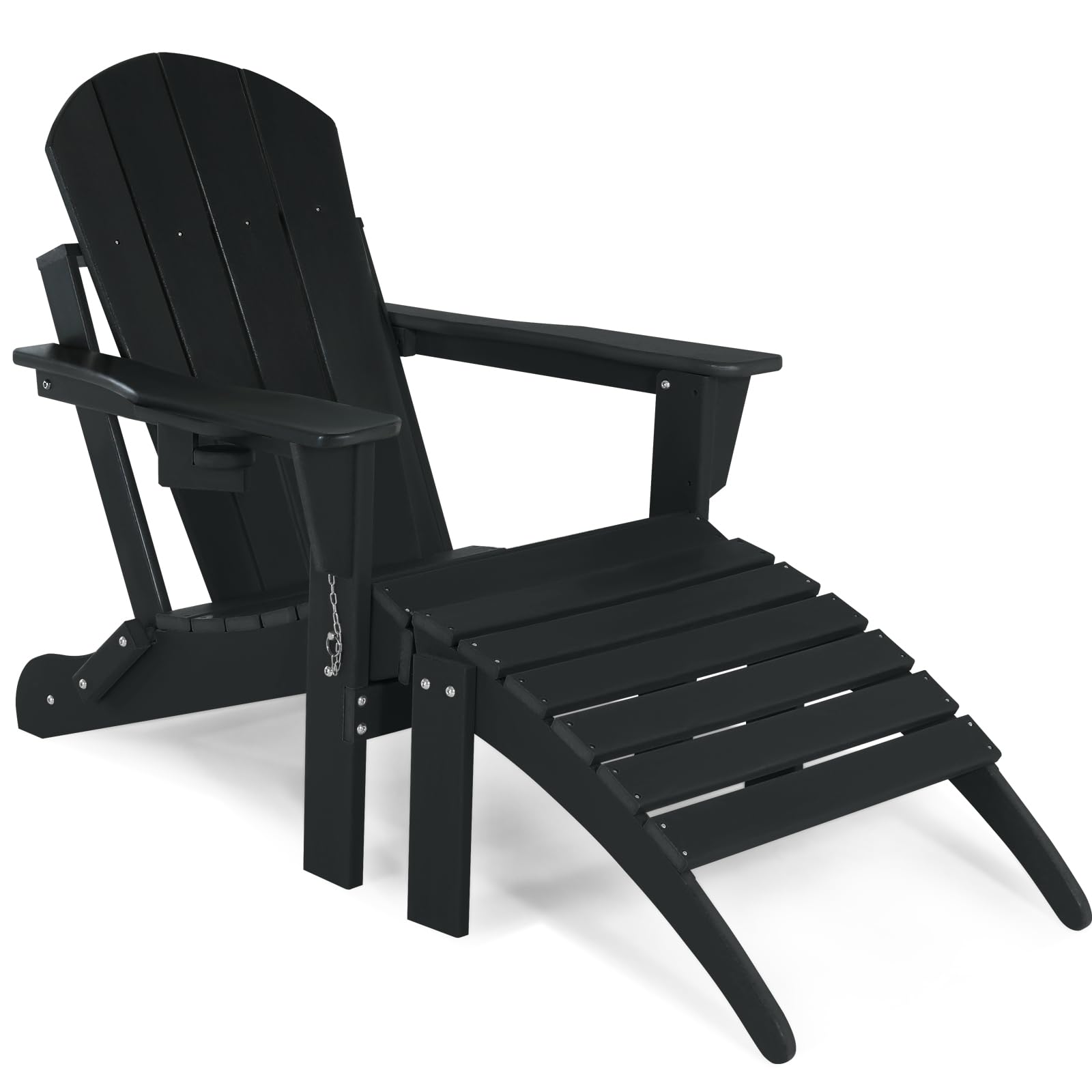 Abcpatio Folding Adirondack Chair With Footrest - Outdoor Weather Resistant Plastic Adirondack Chairs With Detachable Ottoman, Stackable Seating With Cup Holder For Patio (Seat Width 20', Black)